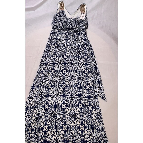 Jessica Simpson Dress maxi Blouson Belt Gown M Gold Chain elastic wedding Greek - Picture 10 of 16